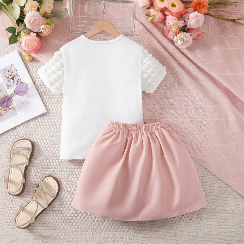 Girls White Bow Print Puff Sleeve T-Shirt With Skirt Sets 2 pc. Sets