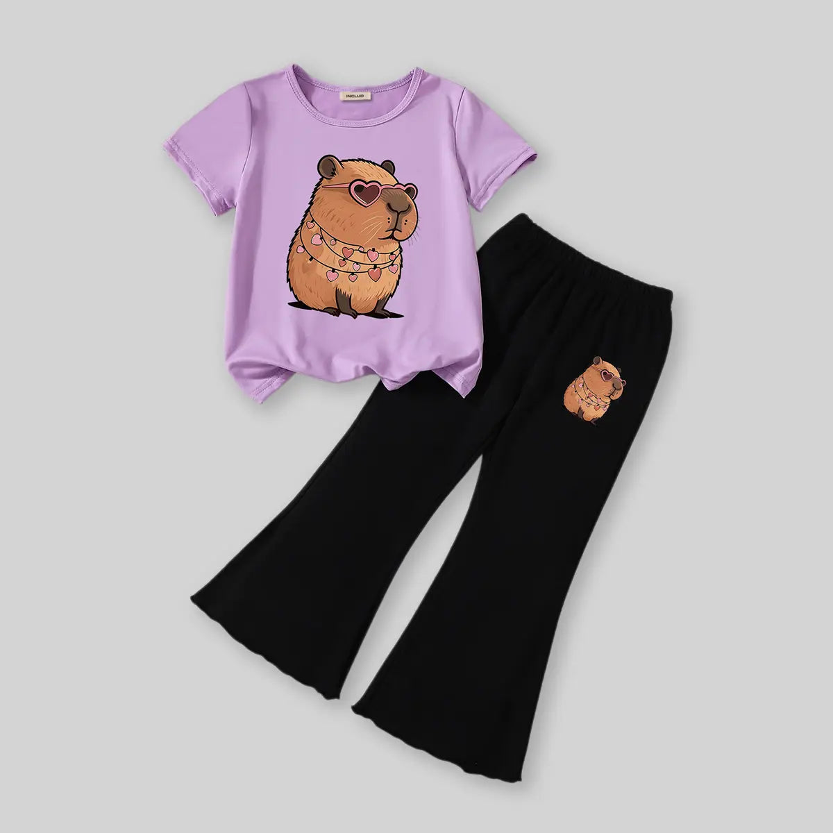 Girls Purple Capybara Printed T-Shirt With Flared Pants Sets Sets