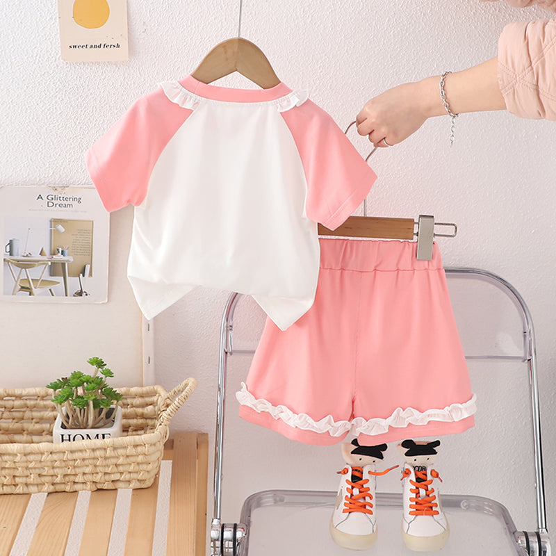 Girls Pink Printed Raglan Sleeves T-Shirt With Ruffled Shorts Set 2 pc. Sets