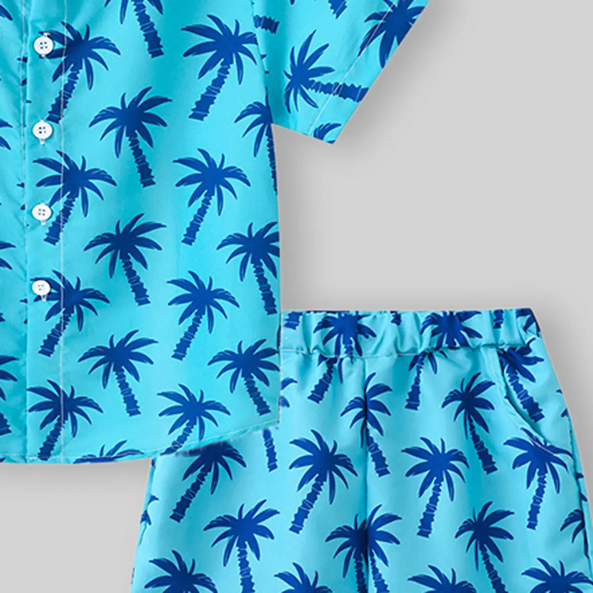 Boys Light Blue Tropical Print Button-Down Shirt With Shorts & Hat Co-ord Sets Sets