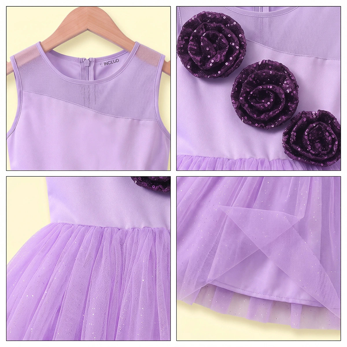 Girls purple sleeveless party gown with floral applique and tulle