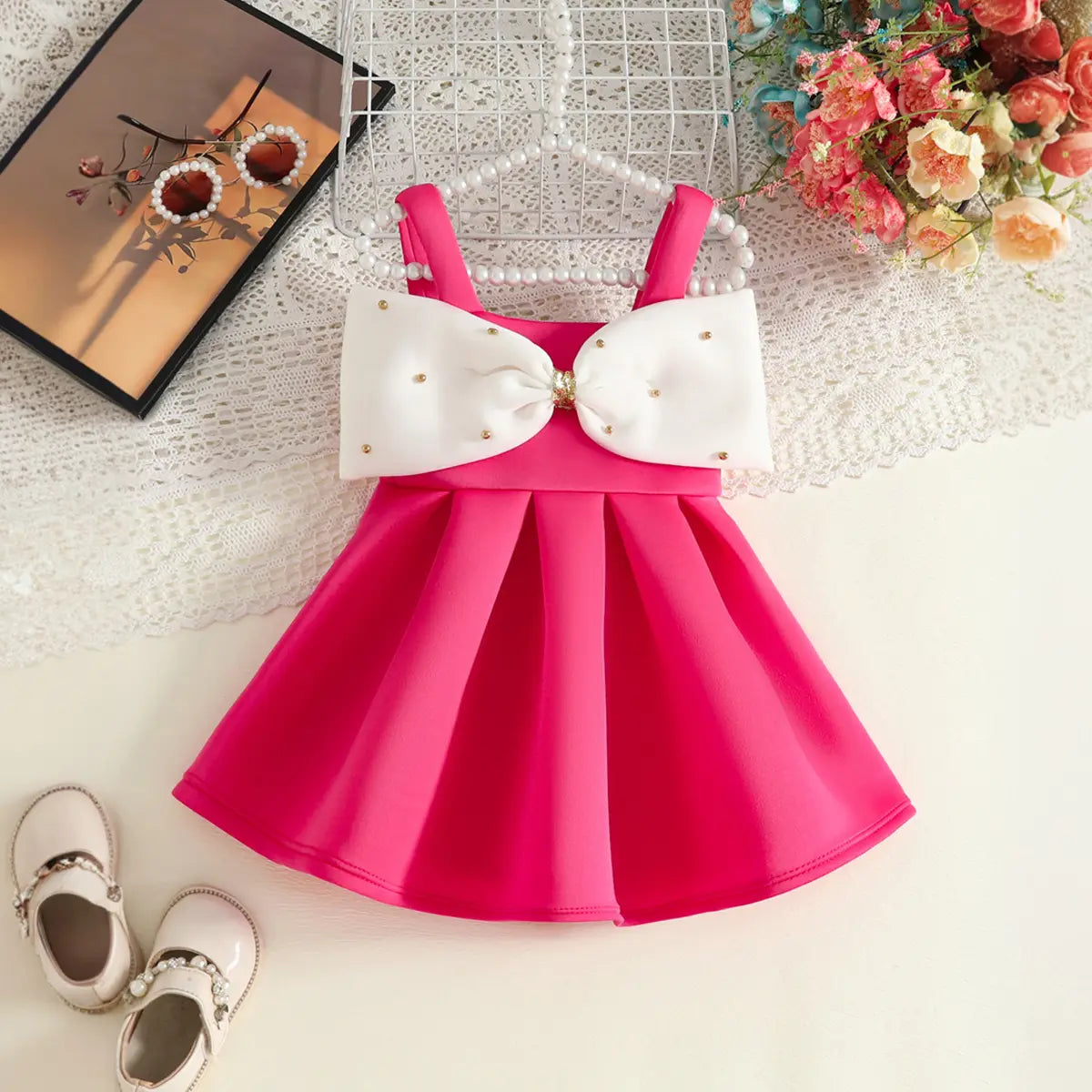 Girls Fuchsia Sleeveless Fit & Flare Party Wear Dress With Embellished Bow Applique Party Dresses Fuchsia 12-18 M