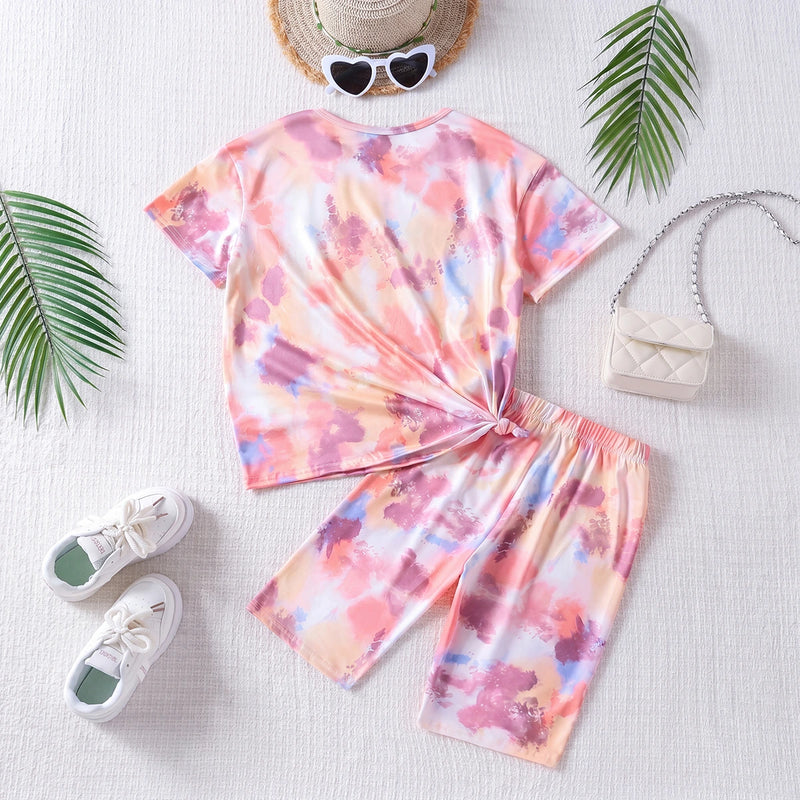 Girls Multicolor Tie & Dye Print Short Sleeve T-Shirt With Shorts Sets 2 pc. Sets