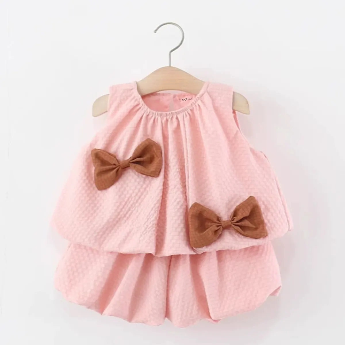 Girls Pink Textured Sleeveless Top With Bubble-Hem Shorts Co-ord Sets Sets