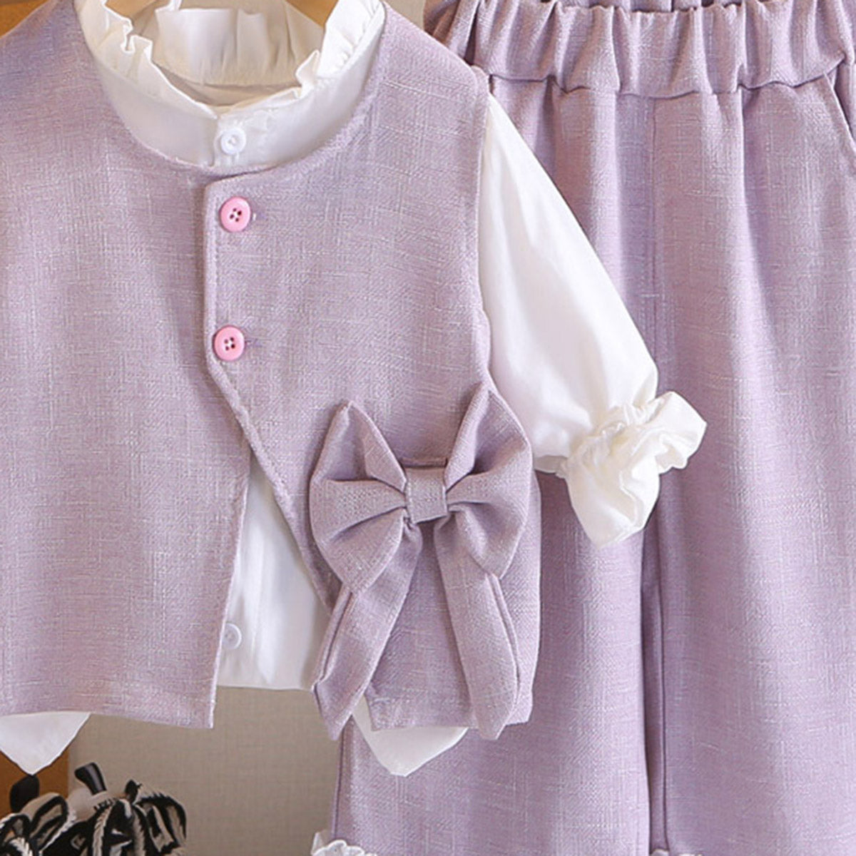 Girls Purple Textured Sleeveless Jacket With Top & Pants Set Sets