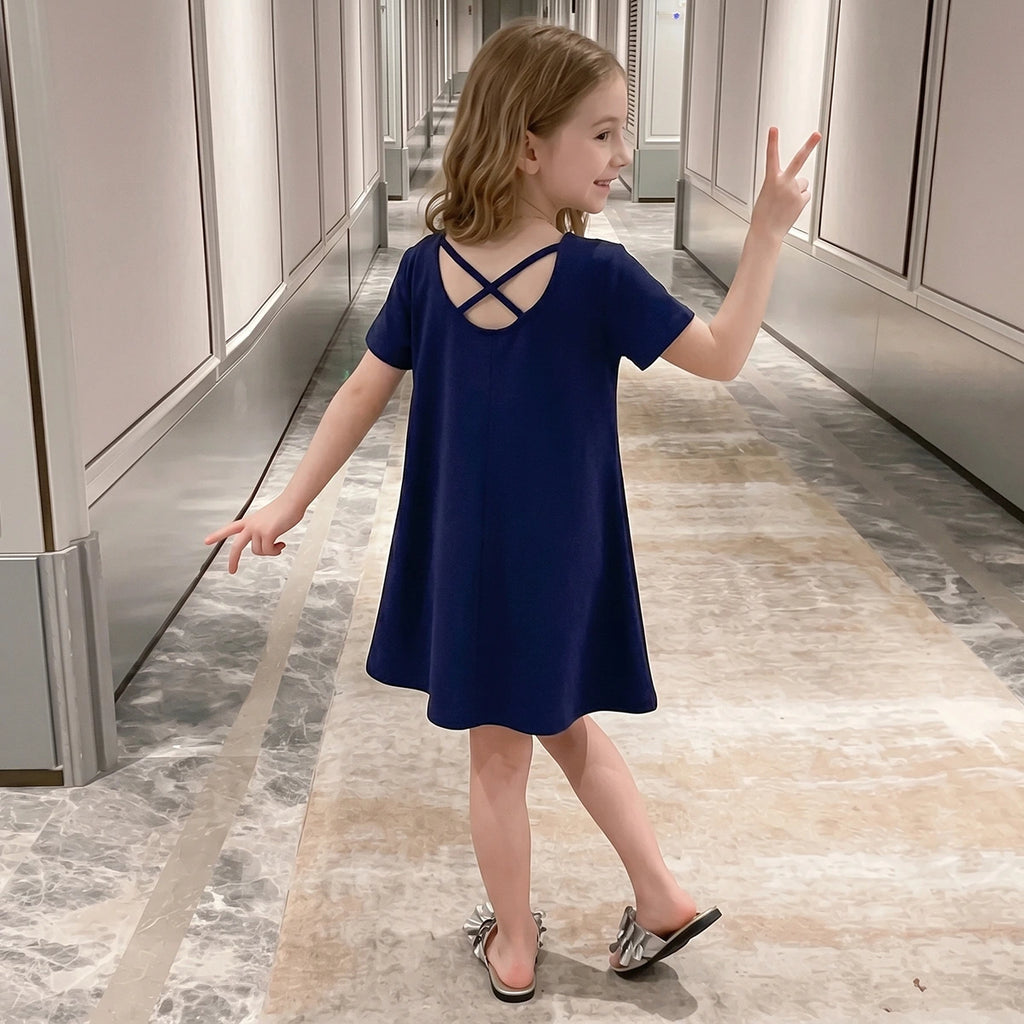 Girls Navy Blue Solid Short Sleeve Cross-Back A-Line Dress Casual Dresses