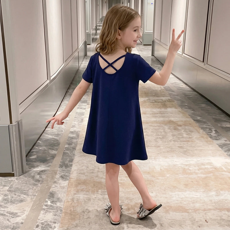 Girls Navy Blue Solid Short Sleeve Cross-Back A-Line Dress Casual Dresses