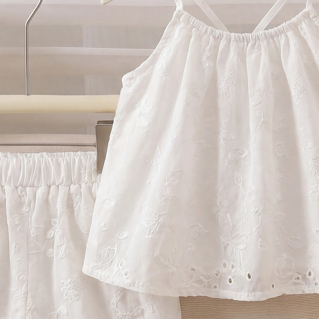 Girls White Floral Embroidered Sleeveless Top With Shorts Sets 2 pc. Sets