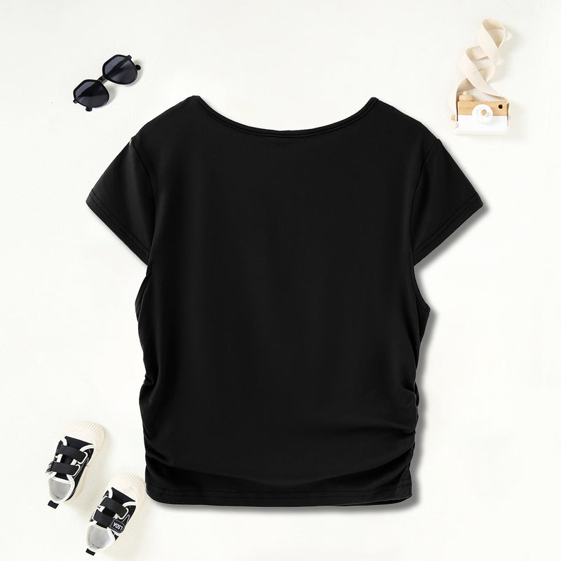 Girls Black Typographic Print Short Sleeves Scoop Neck T-Shirt Tshirts