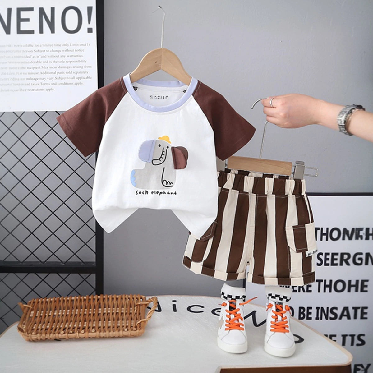 Boys Brown Elephant Printed Short Sleeve T-Shirt With Striped Shorts Sets 2 pc. Sets Brown 1-2 Y