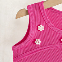 Girls Fuchsia Embellished Ribbed Sleeveless Top With Denim Skirt Sets Sets