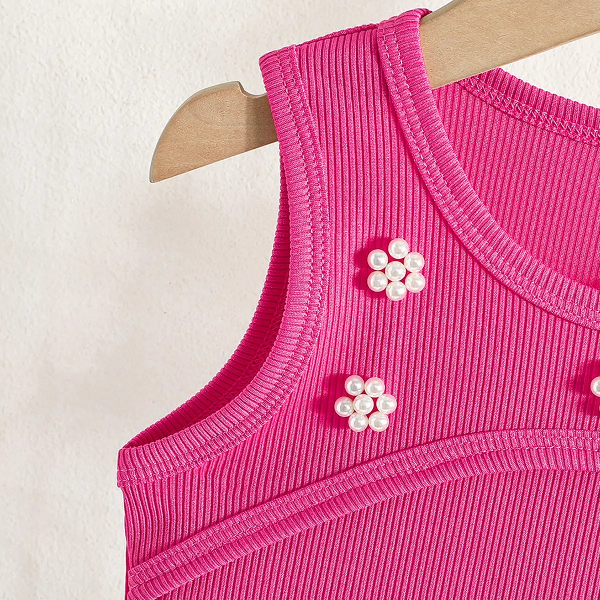 Girls Fuchsia Embellished Ribbed Sleeveless Top With Denim Skirt Sets Sets