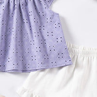 Girls Purple Eyelet Embroidered Top With Ruffle Hem Shorts Set Sets