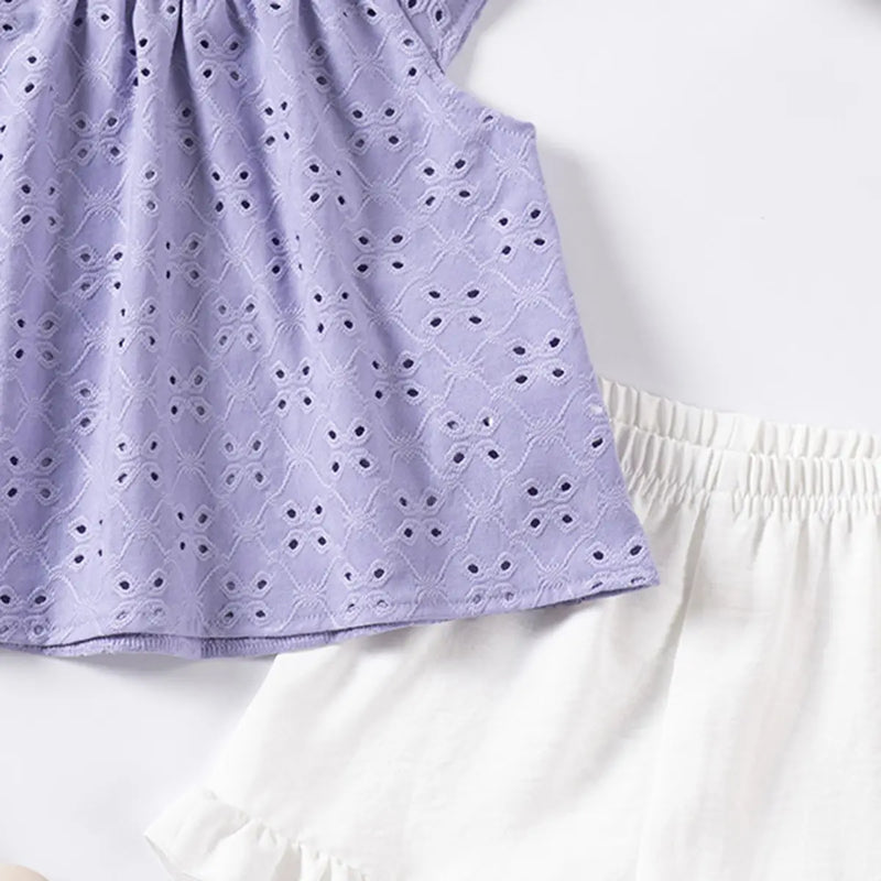 Girls Purple Eyelet Embroidered Top With Ruffle Hem Shorts Set Sets