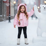 Girls Pink Graphics Printed Quilted Hooded Zip-up Jacket