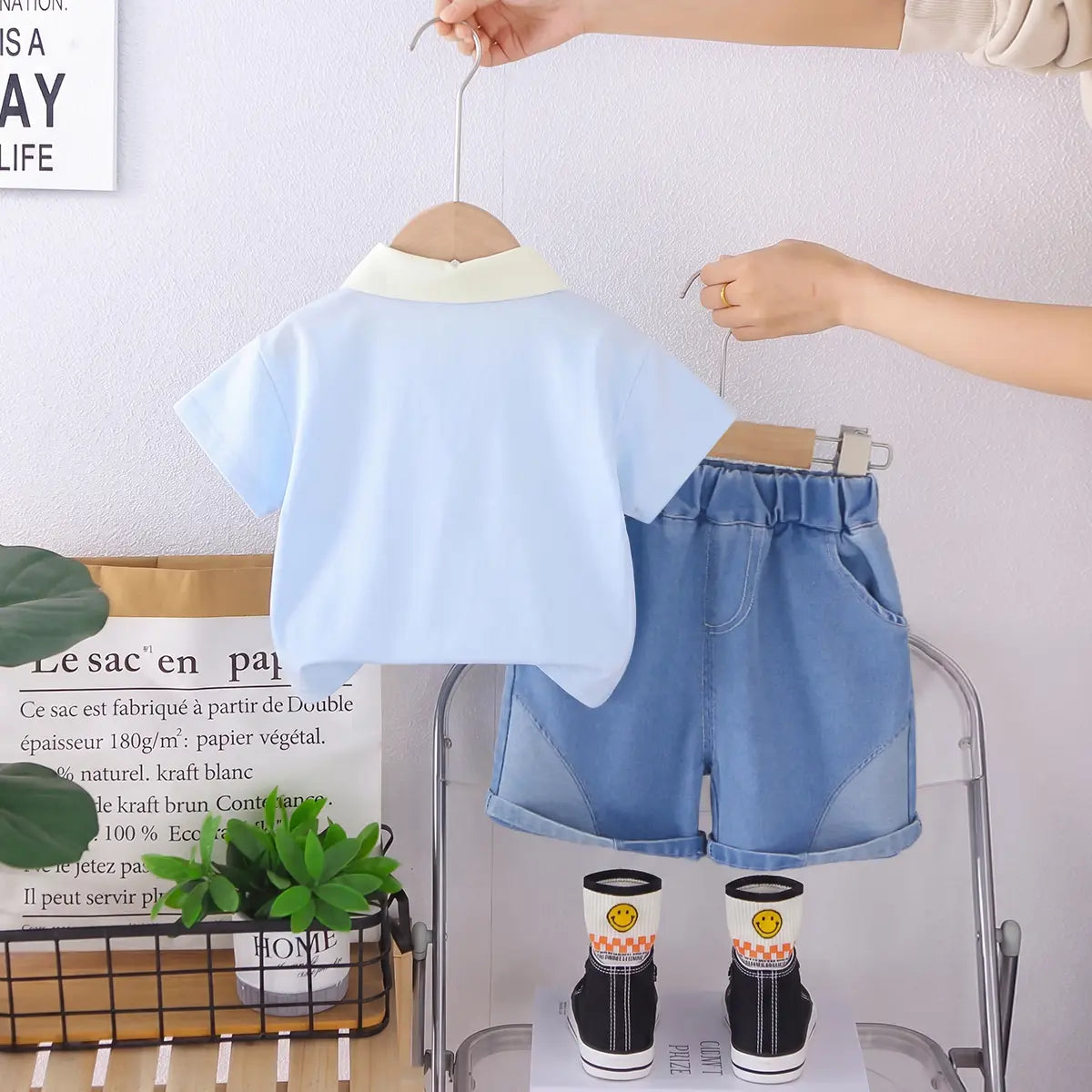 Boys Blue Bear Print Polo T-Shirt With Denim Shorts Sets Sets