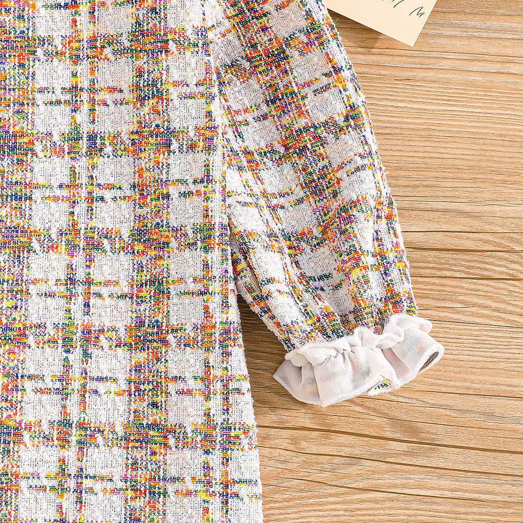 Girls Off White Checked A-line Dress Casual Dresses