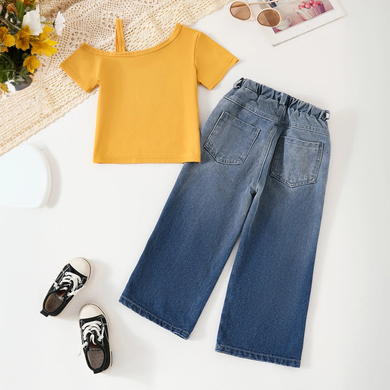 Girls Yellow Graphics Top With Distressed Denim Pants Set Sets