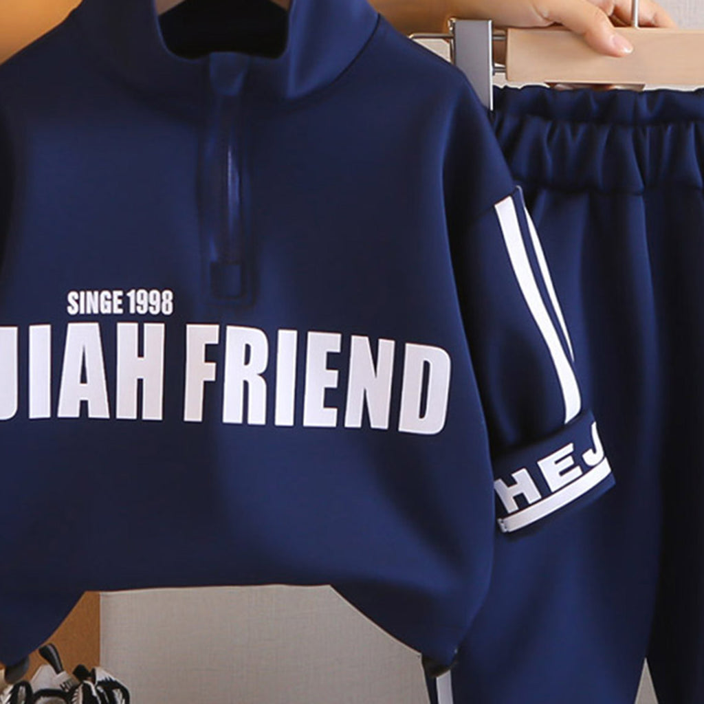 Boys Navy Blue Typographic Printed Sweat Shirt With Joggers Set 2 pc. Sets
