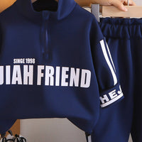 Boys Navy Blue Typographic Printed Sweat Shirt With Joggers Set 2 pc. Sets