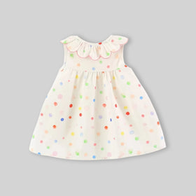 Girls Off White Polka Dot Printed Ruffle Collar A-Line Dress Casual Dresses