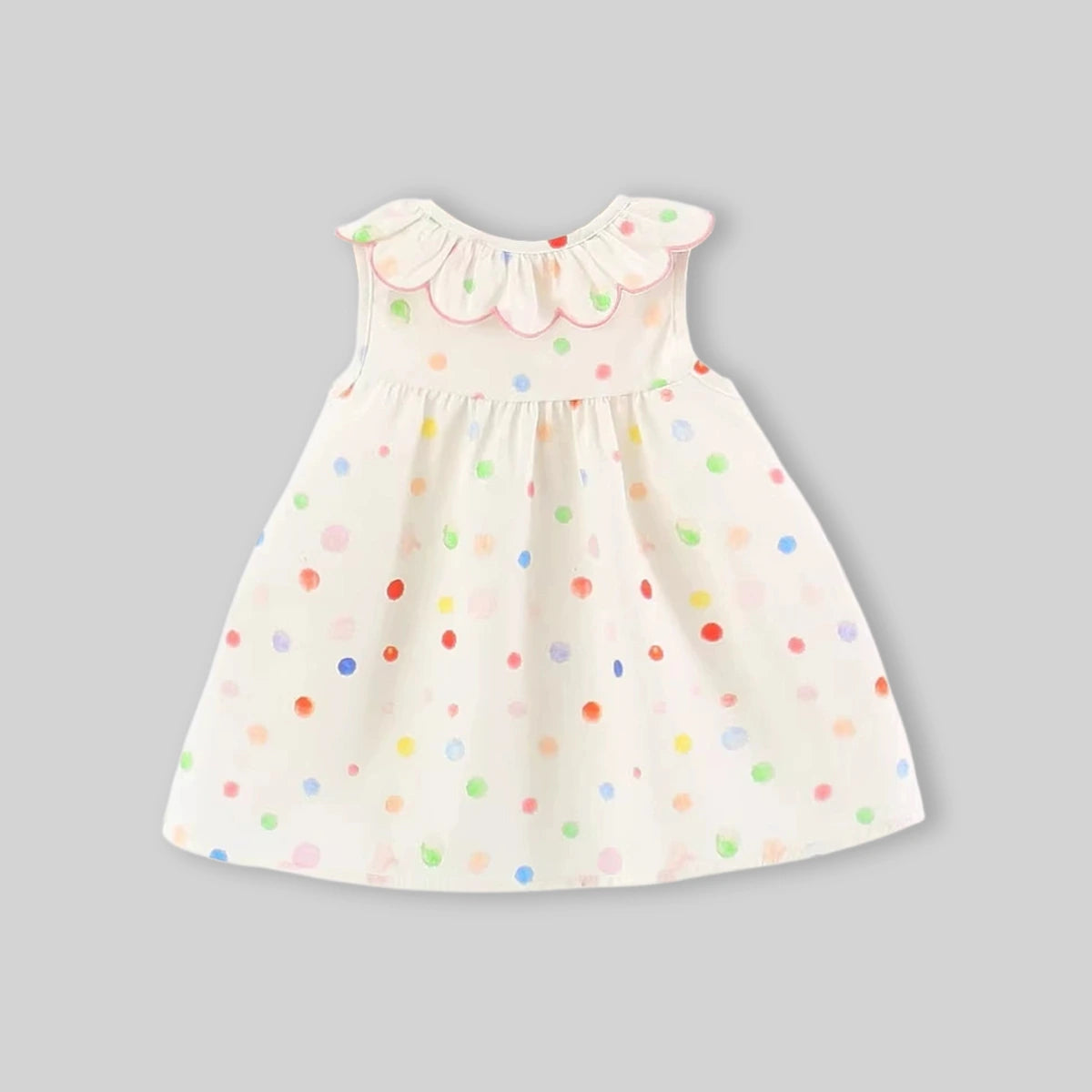 Girls Off White Polka Dot Printed Ruffle Collar A-Line Dress Casual Dresses