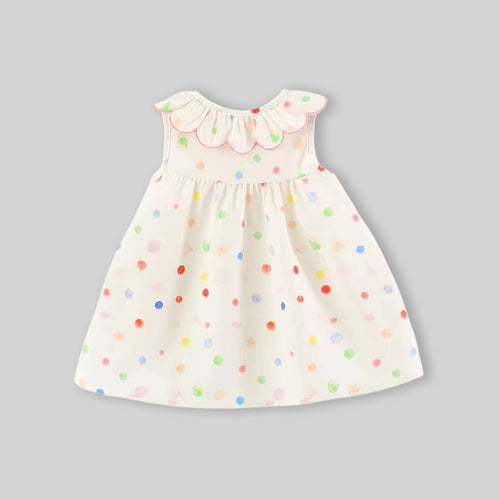 Girls Off White Polka Dot Printed Ruffle Collar A-Line Dress Casual Dresses