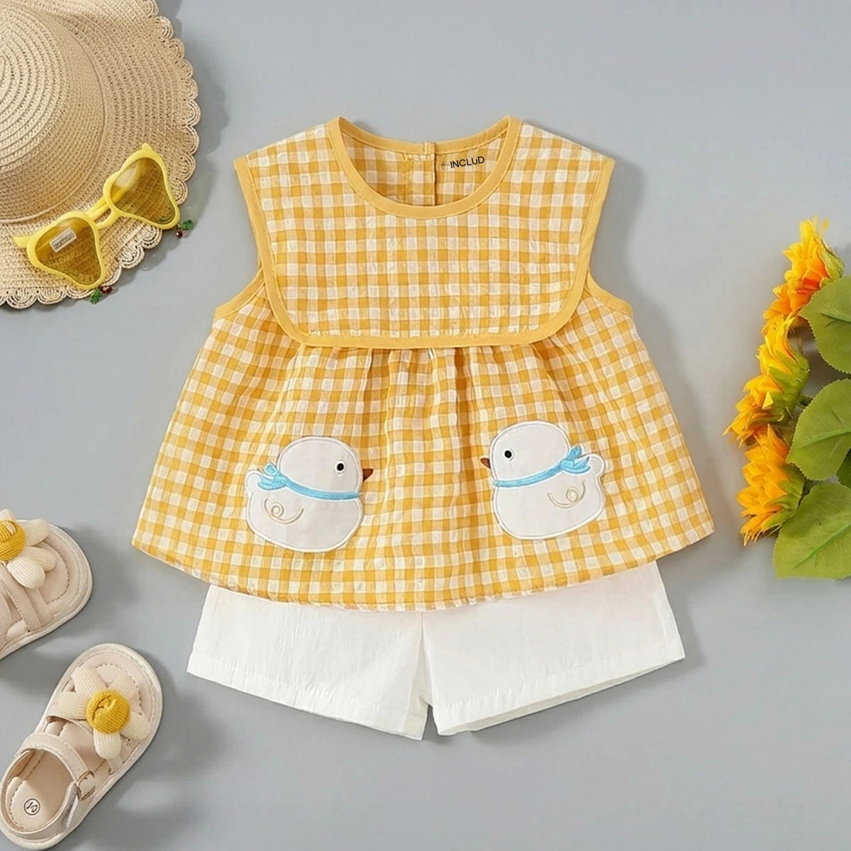 Girls Yellow Checked Duck Applique Top With Shorts Sets Sets Yellow 1-2 Y