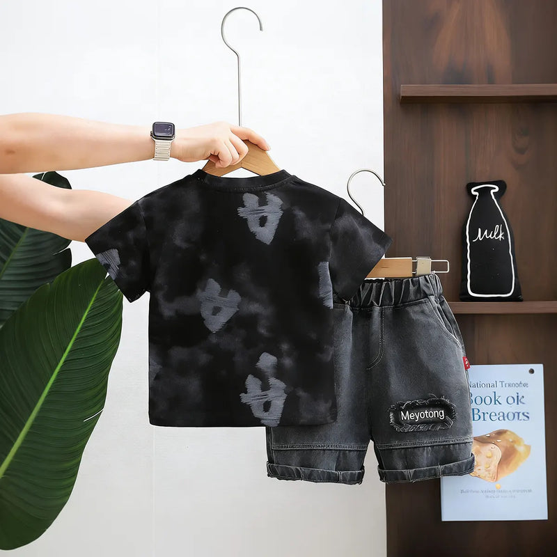 Boys Black Typographic Print Short Sleeves T-Shirt With Denim Shorts Set Sets
