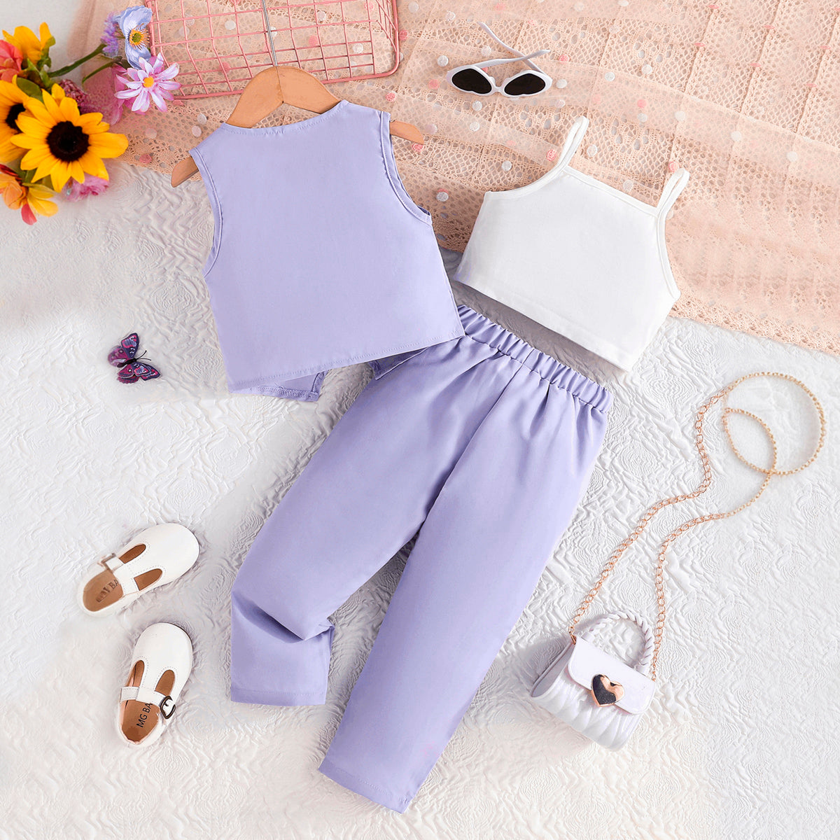 Girls Purple Floral Applique Waistcoat With Camisole Top And Pants Set 3 pc. Sets