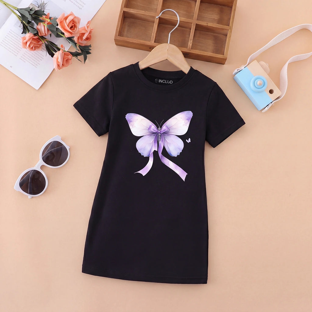Girls Black Butterfly Print Short Sleeve T-Shirt Dress Casual Dresses Black 4-5 Y