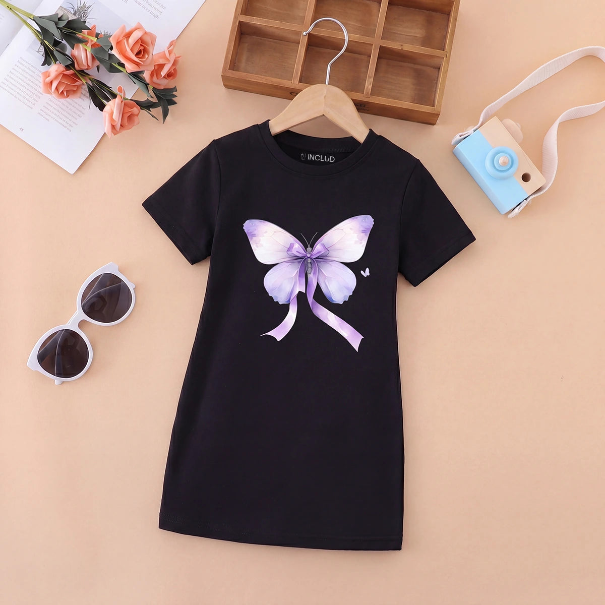 Girls Black Butterfly Print Short Sleeve T-Shirt Dress Casual Dresses Black 4-5 Y