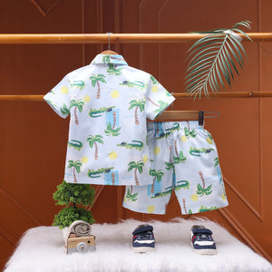 Boys Blue Tropical Print Shirt With Graphic T-Shirt And Elasticated Shorts Sets 3 pc. Sets