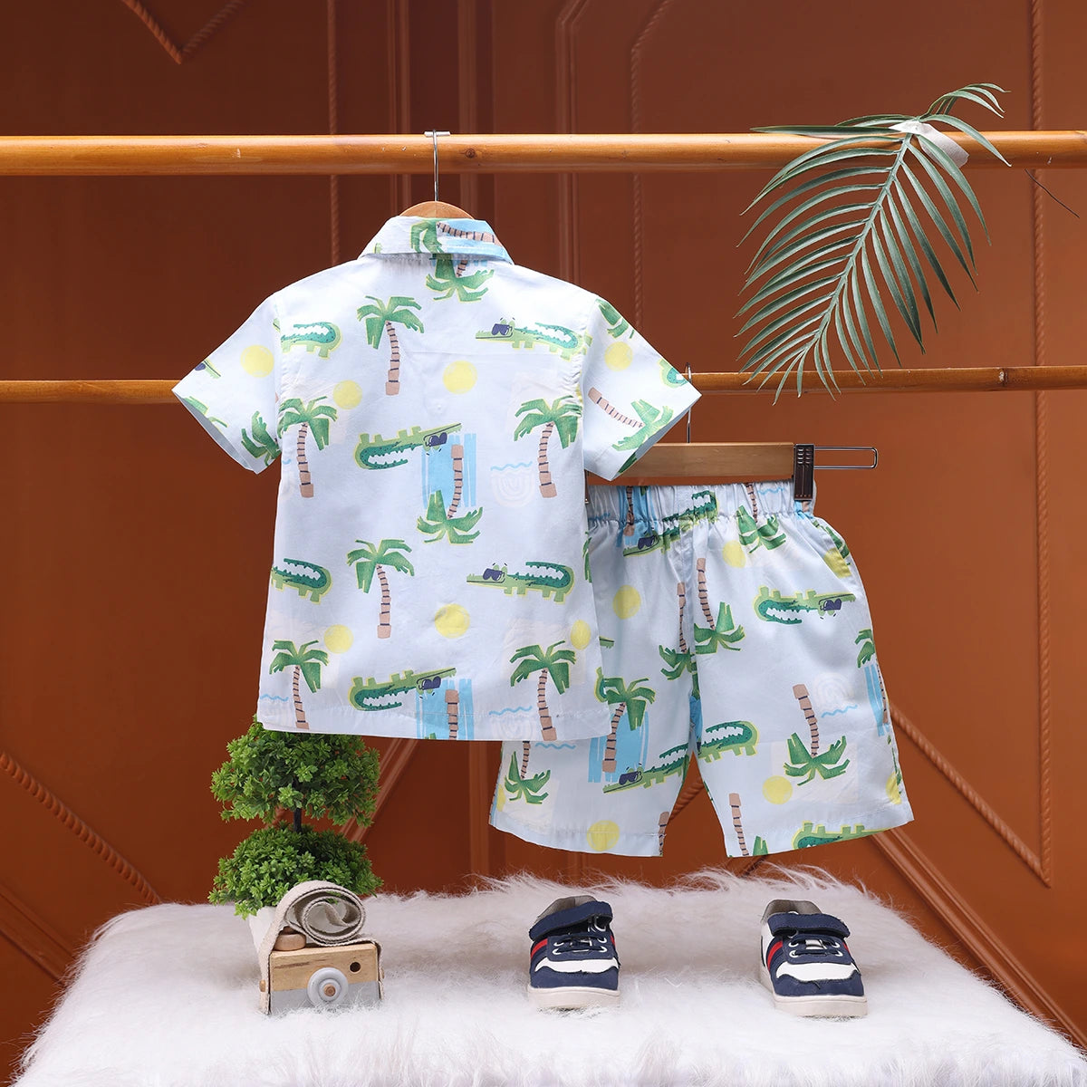 Boys Blue Tropical Print Shirt With Graphic T-Shirt And Elasticated Shorts Sets 3 pc. Sets