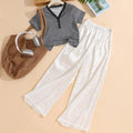 Girls Black Striped Henley Top with White Textured Wide Leg Pants Sets Sets Black 7-8 Y