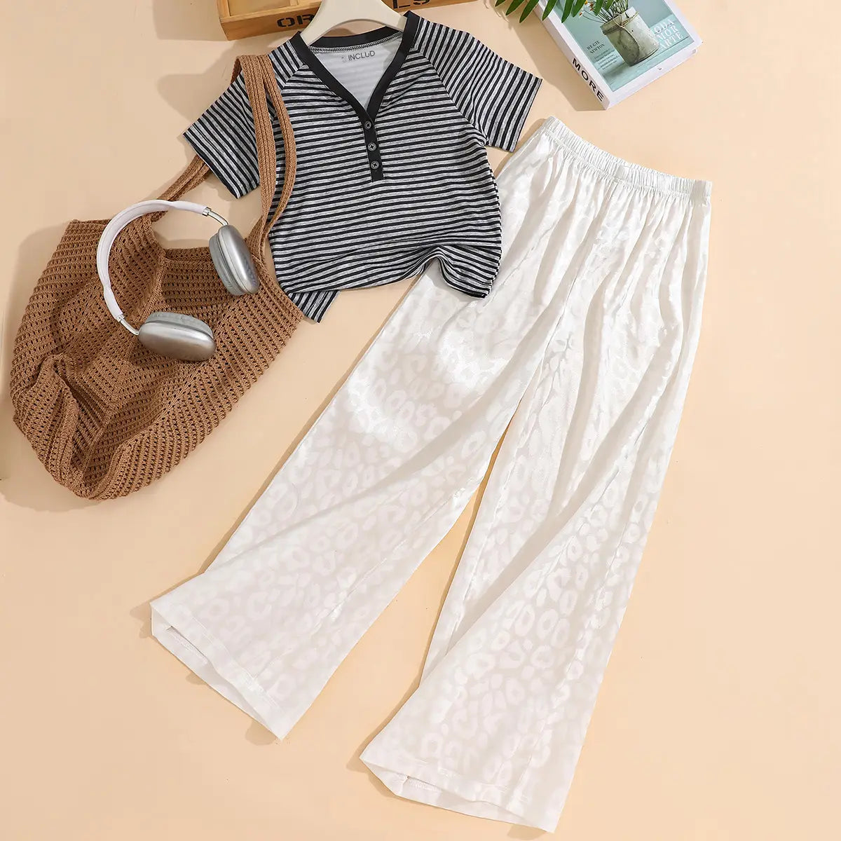 Girls Black Striped Henley Top with White Textured Wide Leg Pants Sets Sets Black 7-8 Y