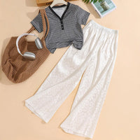 Girls Black Striped Henley Top with White Textured Wide Leg Pants Sets Sets Black 7-8 Y