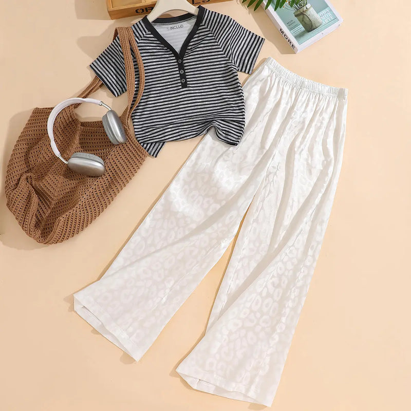 Girls Black Striped Henley Top with White Textured Wide Leg Pants Sets Sets Black 7-8 Y