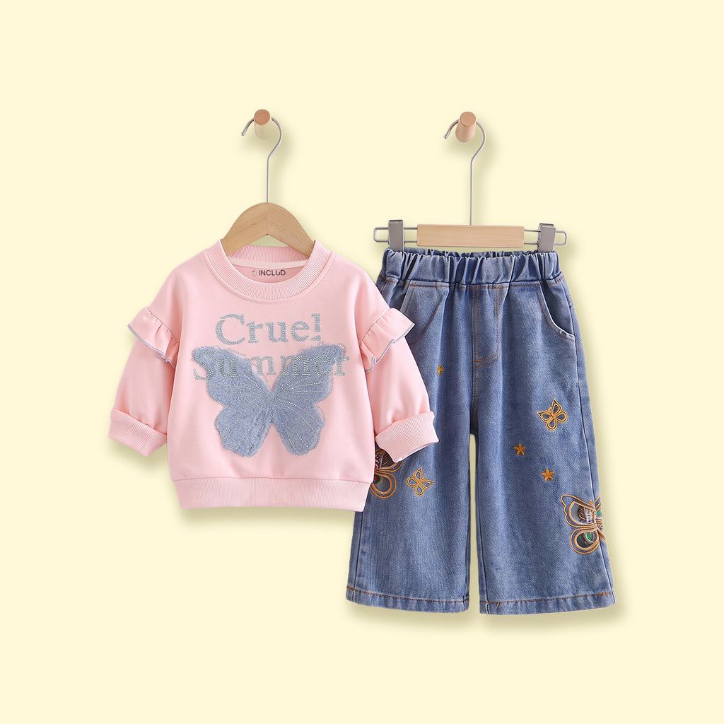 Girls Pink Butterfly Embellished Sweatshirt & Denim Pants Sets Sets Pink 1-2 Y