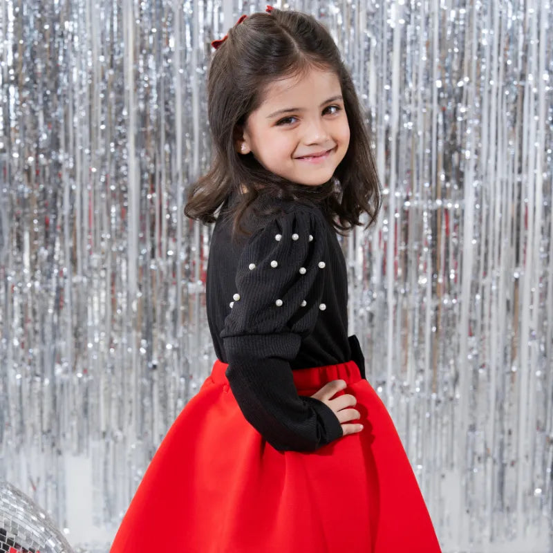 Girls Black Beaded Puff Sleeves Top With Bow Pleated Skirt Sets Sets