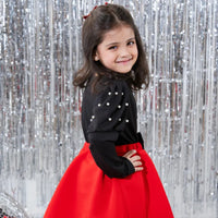Girls Black Beaded Puff Sleeves Top With Bow Pleated Skirt Sets Sets