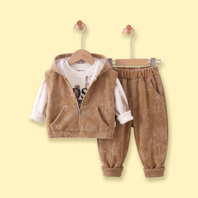 Boys Khaki Typographic Hooded Vest & Joggers With Sweatshirt Sets Sets Khaki 1-2 Y