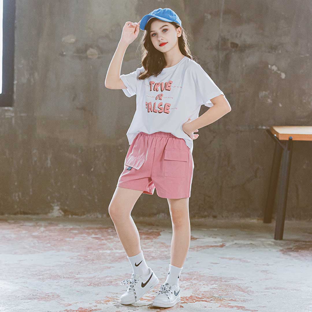 Girls Short Sleeve Printed T-Shirt With Shorts Set 2 pc. Sets Pink 3-4 Y 