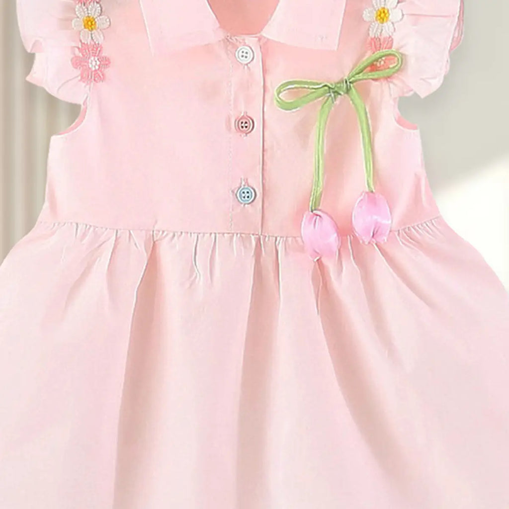 Girls Pink Fit Flare Dress With Bow & Floral Lace Details Casual Dresses