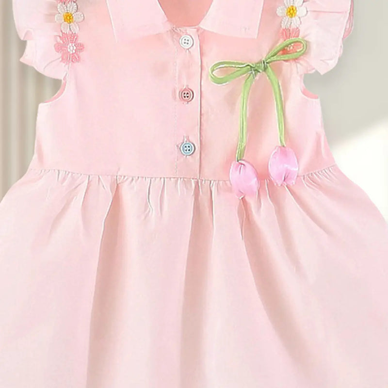 Girls Pink Fit Flare Dress With Bow & Floral Lace Details Casual Dresses