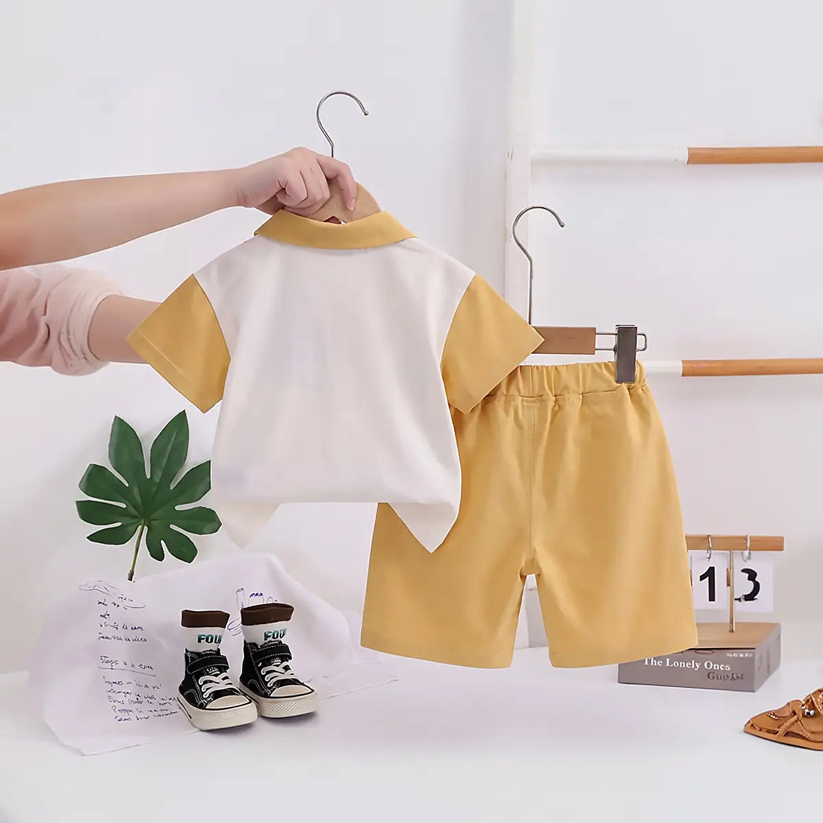 Boys Yellow Dog Applique Short Sleeve Polo T-Shirt With Elasticated Shorts Sets 2 pc. Sets