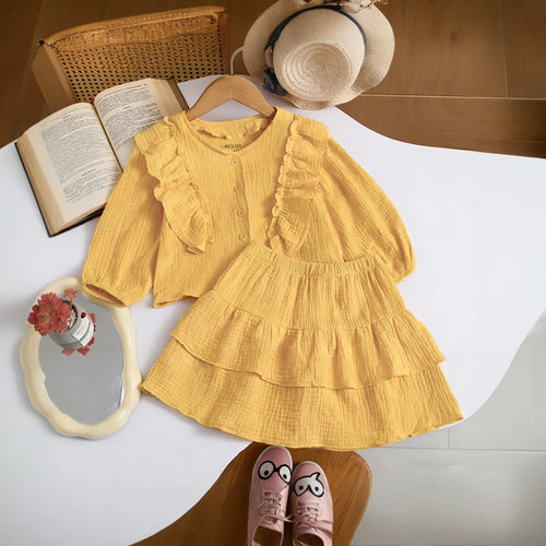 Girls Yellow Textured Ruffled Top with Tiered Skirt Sets 2 pc. Sets Yellow 1-2 Y