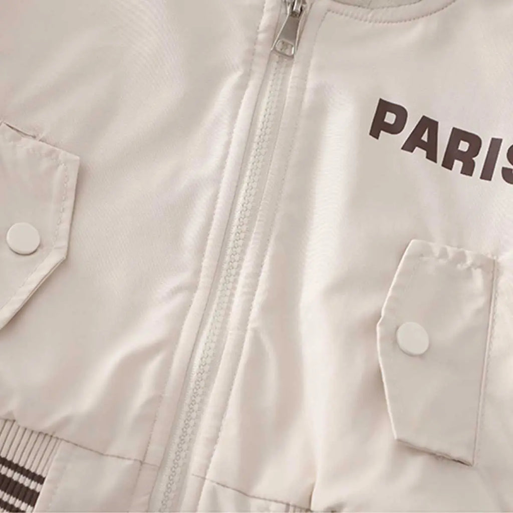 Boys Beige Typographic Printed Hooded Zipper Jacket Coats & Jackets