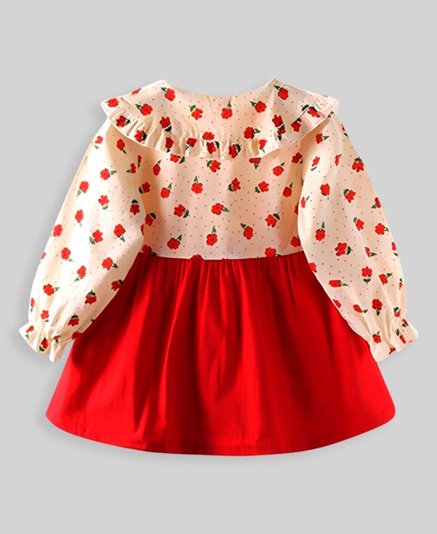 Girls Red Printed Dress With Applique Casual Dresses   