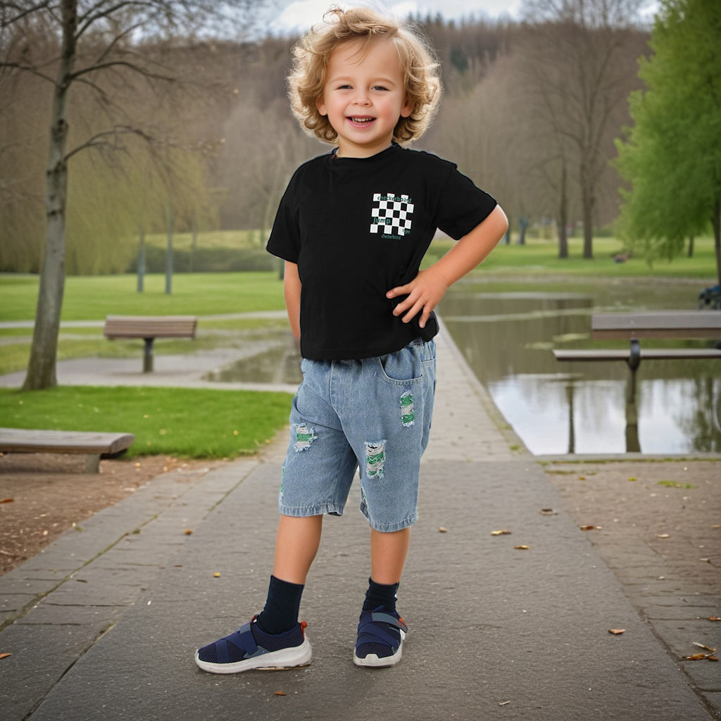 Boys Black Checkboard Print T-shirt with Distressed Denim Bermuda